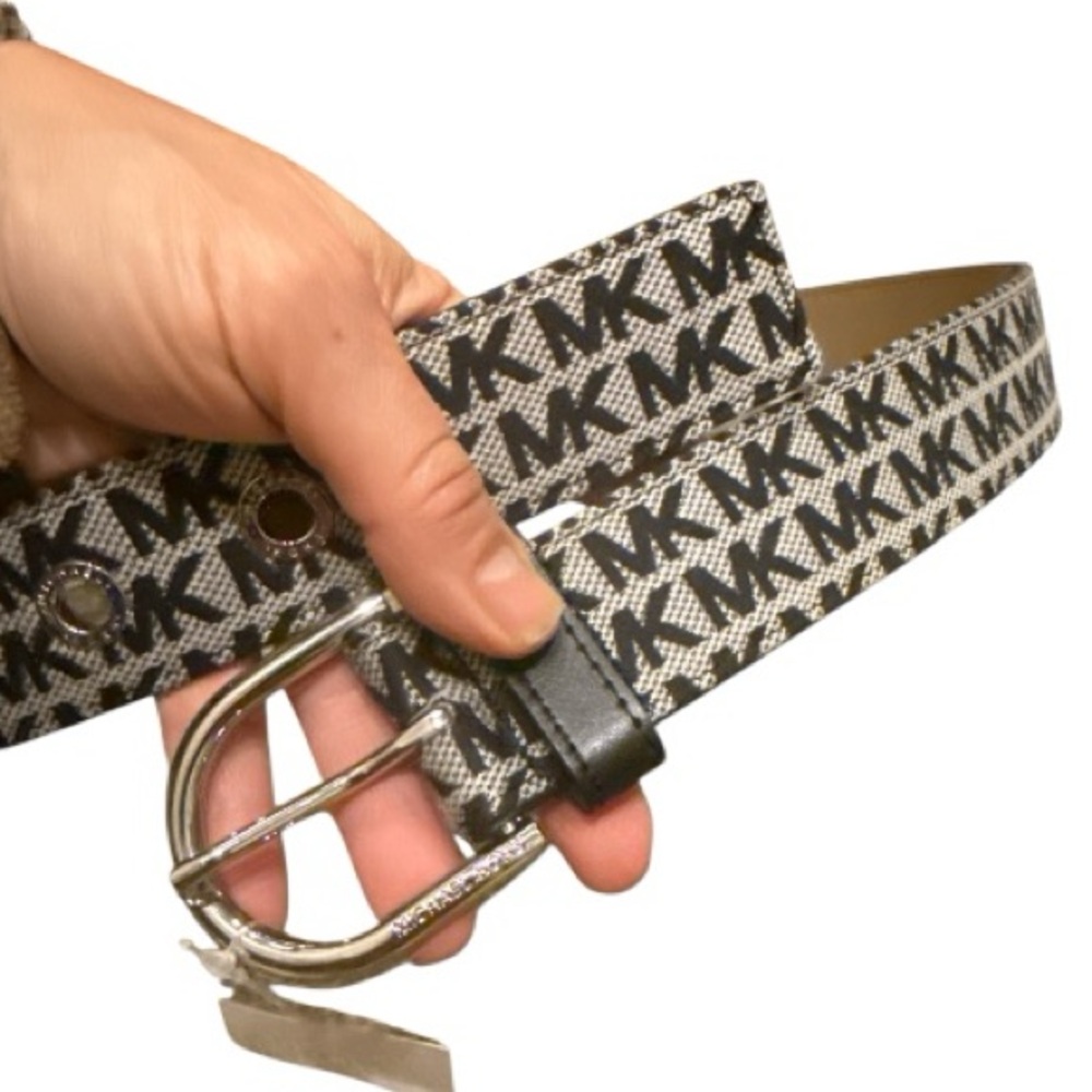 MICHAEL Michael Kors black/ natural cotton fabric signature belt silver buckle L